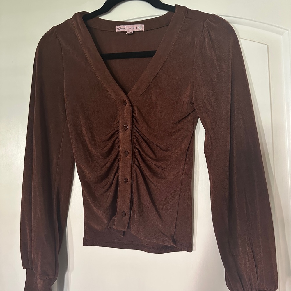 Macy’s Brown Ruched Button-Up Blouse